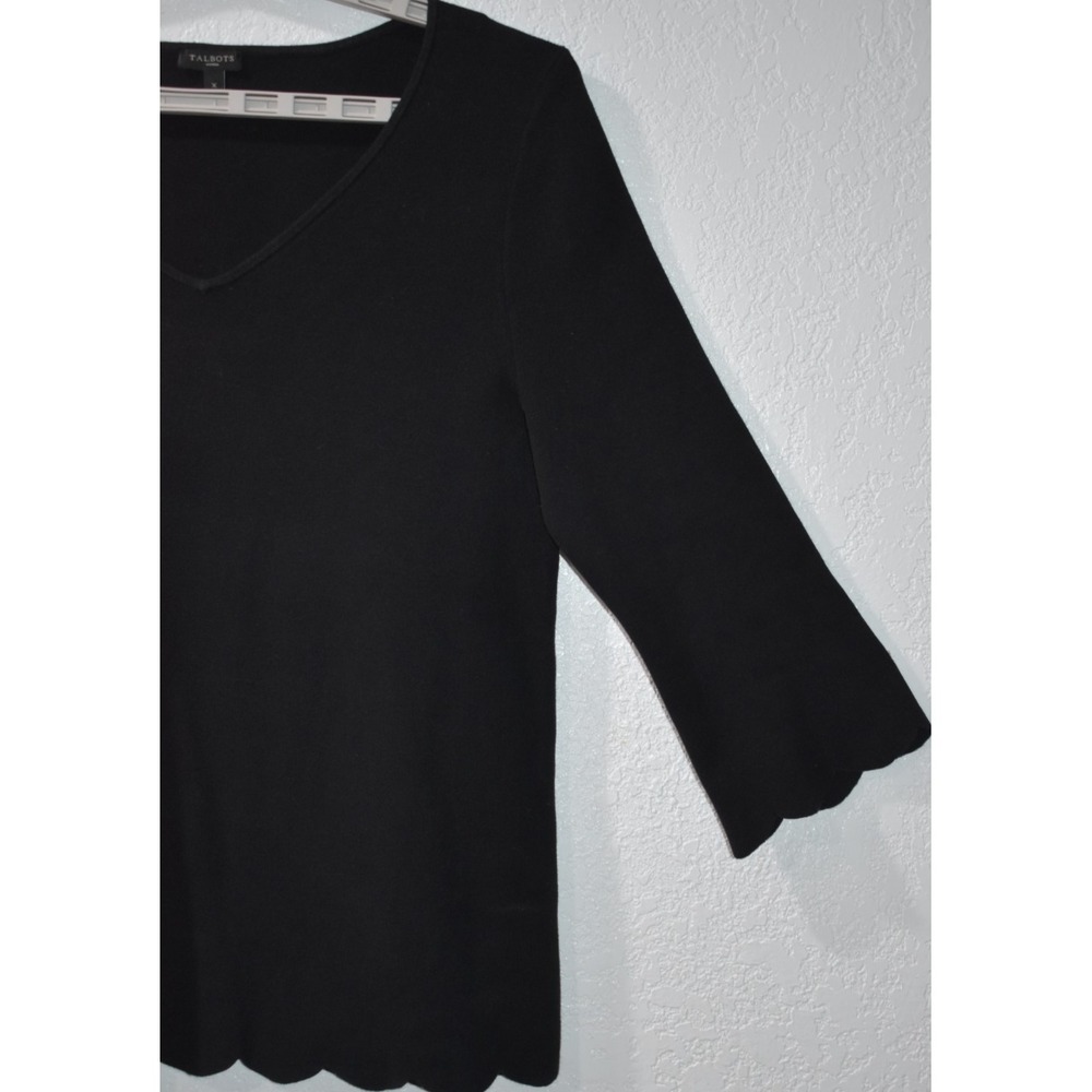 Talbots X Sweater Scallop Trim Solid Stretch VNeck Ribbed Elegant Black Pullover - Picture 16 of 16